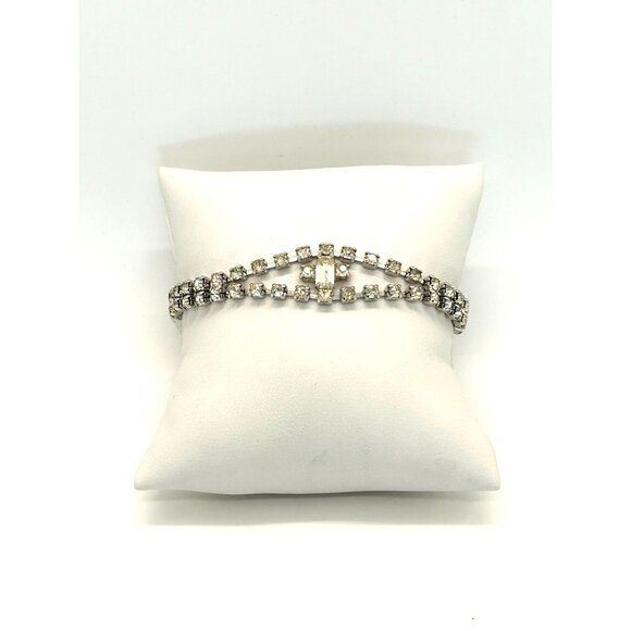 Vintage Clear Rhinestone Bracelet With Double Row Design & Center Baguette Stone - Picture 1 of 10